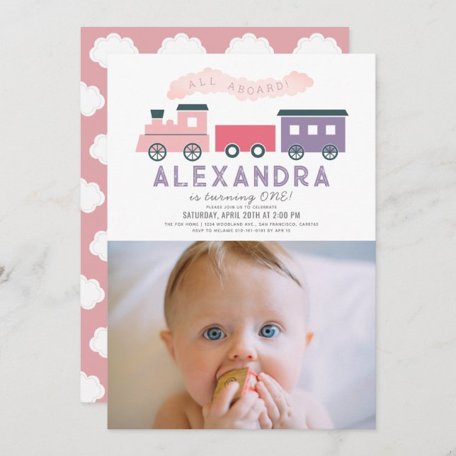 All Aboard Train Pink Girl 1st Birthday Photo Invitation (Front/Back)