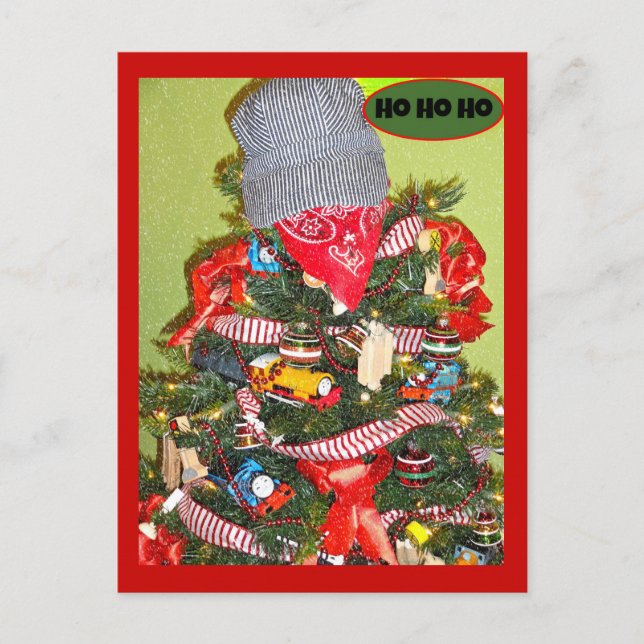 All Aboard! Train Themed Christmas Tree Greeting Postcard (Front)