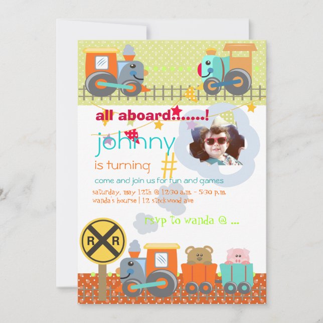All aboard, trains birthday party invites (Front)