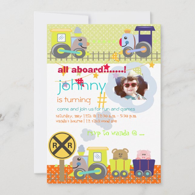 All aboard, trains birthday party invites (Front)
