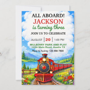 All Aboard Young Childs Birthday Train Invitation