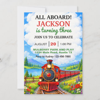 All Aboard Young Childs Birthday Train Invitation