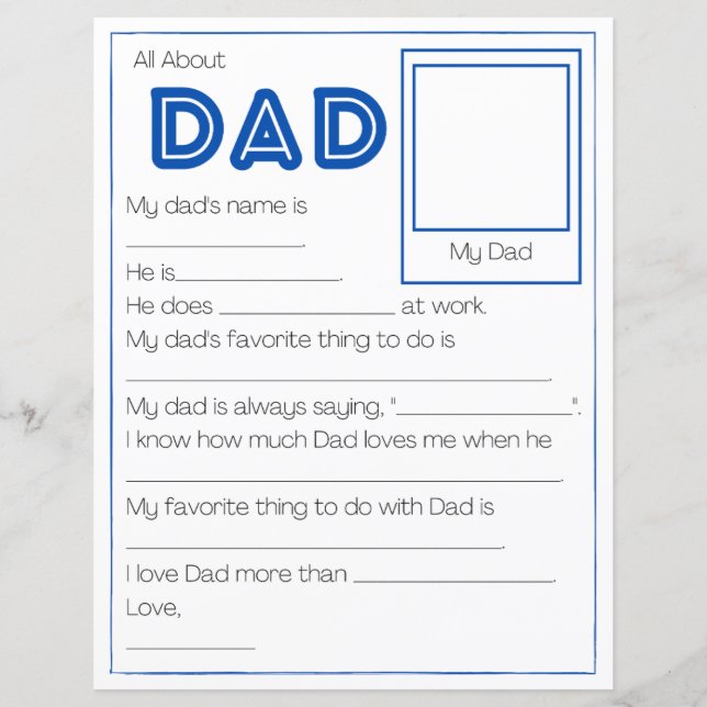 All About Dad Father's Day Worksheet For Kids (Front)