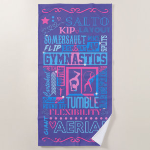 All About Gymnastics Typography in Pink and Blue Beach Towel