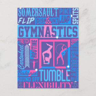 All About Gymnastics Typography in Pink and Blue Postcard