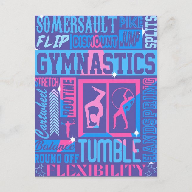 All About Gymnastics Typography in Pink and Blue   Postcard (Front)