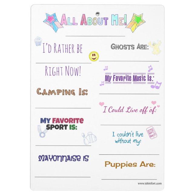 All About Me Customise it Clipboard (Back)