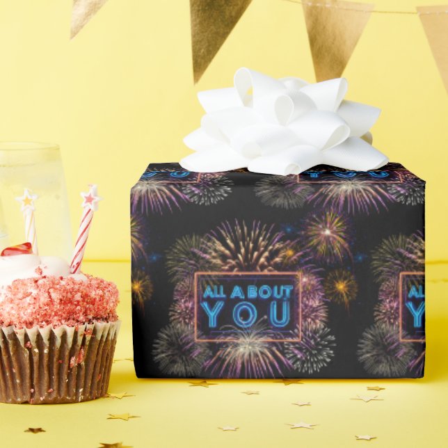 All About You Neon Sign With Fireworks Wrapping Paper (Birthday Party)
