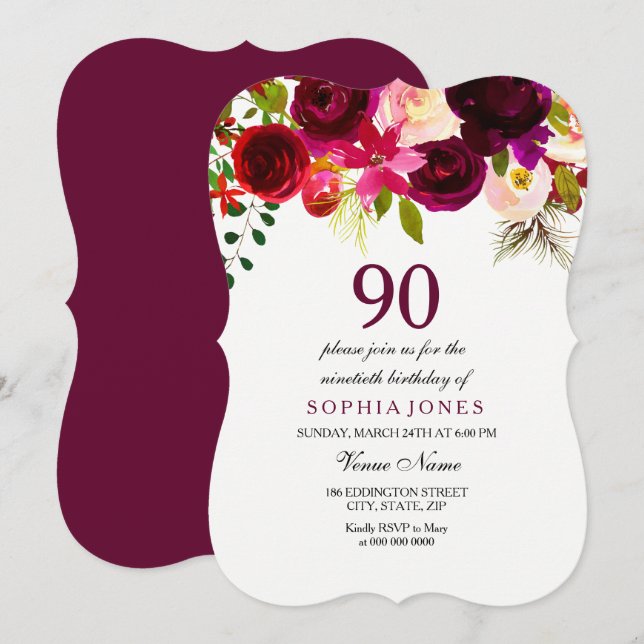 All Age Burgundy Red Floral 90th Birthday Invite (Front/Back)