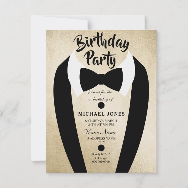 All age Mens Gold Bow Tie Birthday Party Invite (Front)