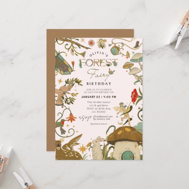  All age Mushroom Forest fairy girl birthday  Invitation (Front/Back In Situ)