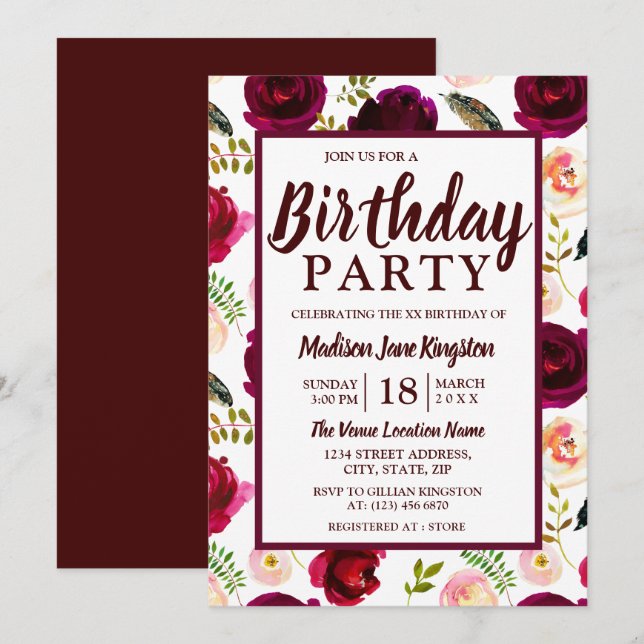 All Ages Burgundy Flowers Birthday Party Invite (Front/Back)