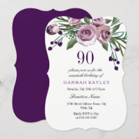 All Ages Elegant Purple Rose 90th Birthday Invite