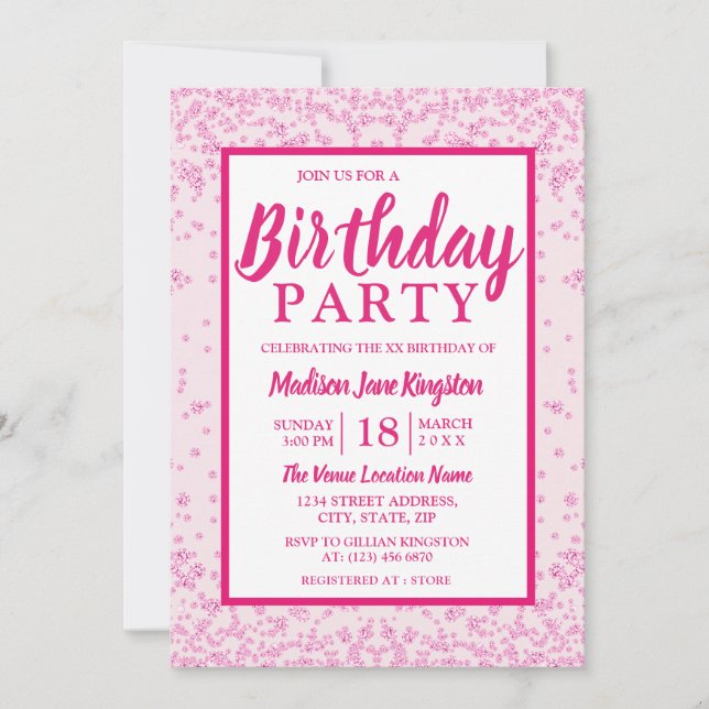 All Ages Pink Glitter Border Girly Birthday Party Invitation (Front)