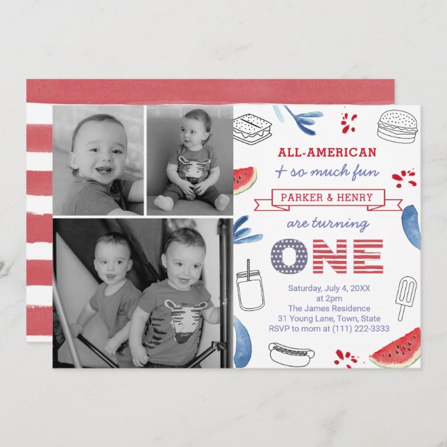 All-American 1st Birthday Party For Twins Invitation (Front/Back)