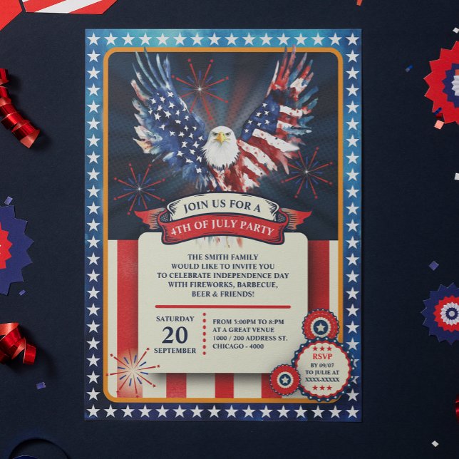 All American 4th July - USA Independance Day Invitation (Celebrate in true American spirit with this bold and dynamic 4th July invitation.)