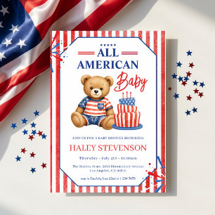 All American Baby Shower Patriotic Teddy Bear July Invitation