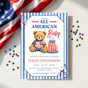 All American Baby Shower Patriotic Teddy Bear July Invitation