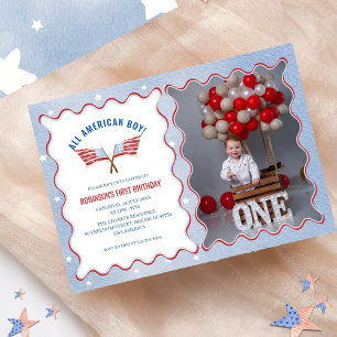 All American Boy 4thJuly Watercolor Birthday Photo Invitation