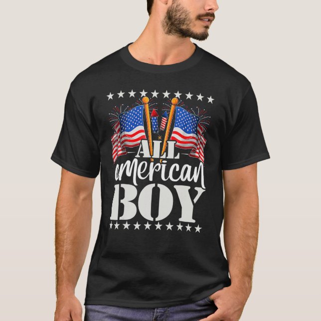 All American Boy USA America Flag & Firework 4th J T-Shirt (Front)