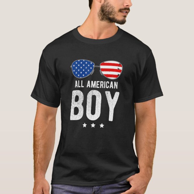 All American Boy With Sunglasses And US Flag T-Shirt (Front)