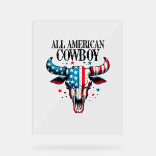 All american cowboy US Flag Cow Skull  Acrylic Sign