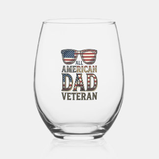 All American Dad Veteran Patriotic Sunglasses Shir Stemless Wine Glass