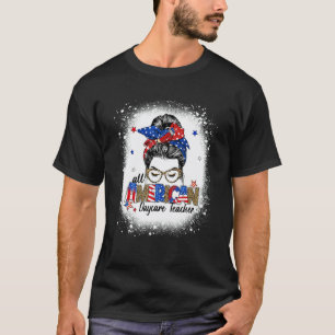 All American Daycare Teacher Leopard Messy Bun 4th T-Shirt
