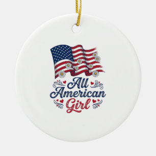 All American Girl Patriotic Daisy Flag Shirt Desig Ceramic Tree Decoration