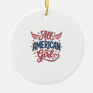 All American Girl Patriotic Vintage Vector Design_ Ceramic Tree Decoration