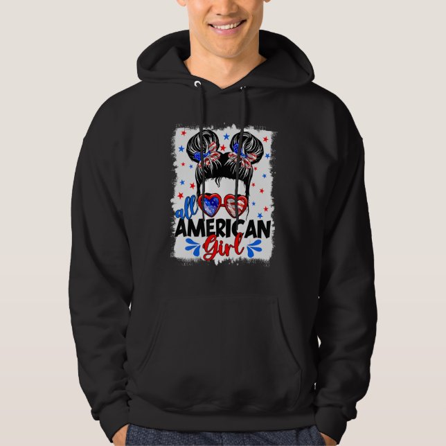 All American Girls 4th Of July Patriotic Messy Bun Hoodie (Front)