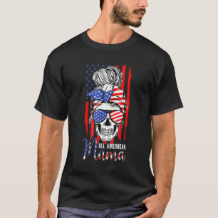 All American Mama Usa Flag Messy Bun Skull Mum 4th T-Shirt