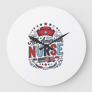 All American Nurse Vintage Patriotic Shirt Design_ Large Clock