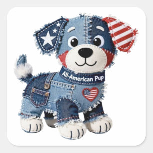 All-American Pup Patriotic Denim Patchwork Dog Square Sticker