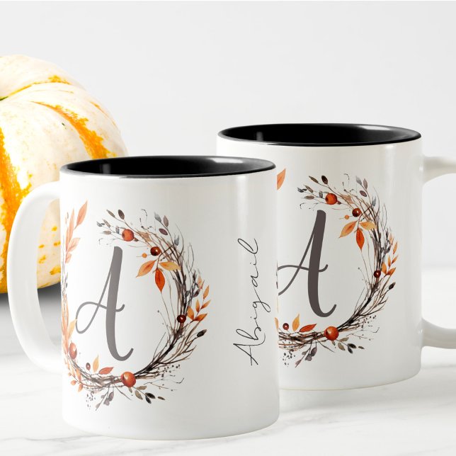 All Any Letter Modern Girly Boho Foliage Monogram Two-Tone Coffee Mug (Creator Uploaded)