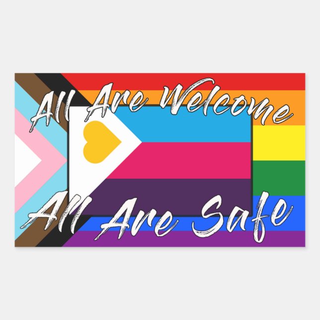 All are Welcome Plolyam Pride and ally sticker (Front)