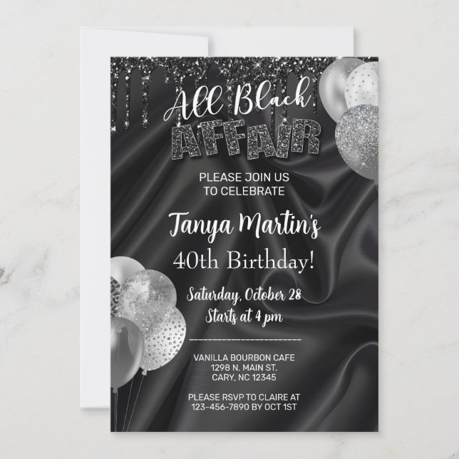 All Black Affair adult woman birthday invitation. Invitation (Front)