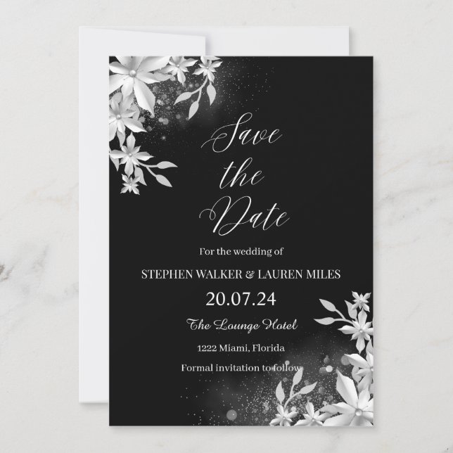 All Black Floral Save The Date Wedding Invitation (Front)