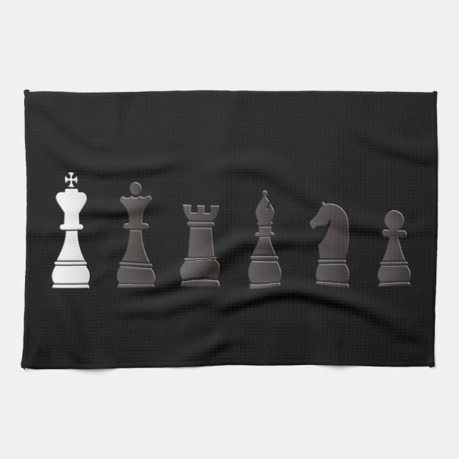All black one white, chess pieces tea towel (Horizontal)