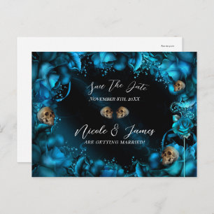 All Blue Teal Turquoise Roses Skulls Save the Date Announcement Postcard