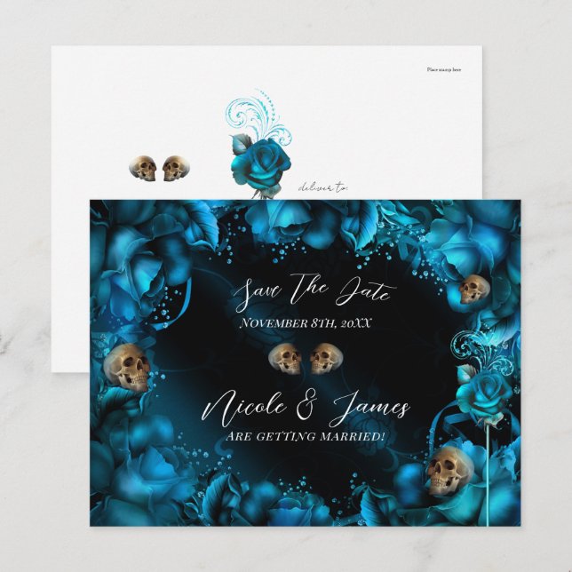 All Blue Teal Turquoise Roses Skulls Save the Date Announcement Postcard (Front/Back)