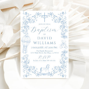 All Blue Toile Boy Baptism Elegant Digital Invitation