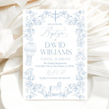 All Blue Toile Boy Baptism Invitation Template