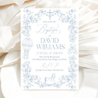 All Blue Toile Boy Baptism Invitation Template