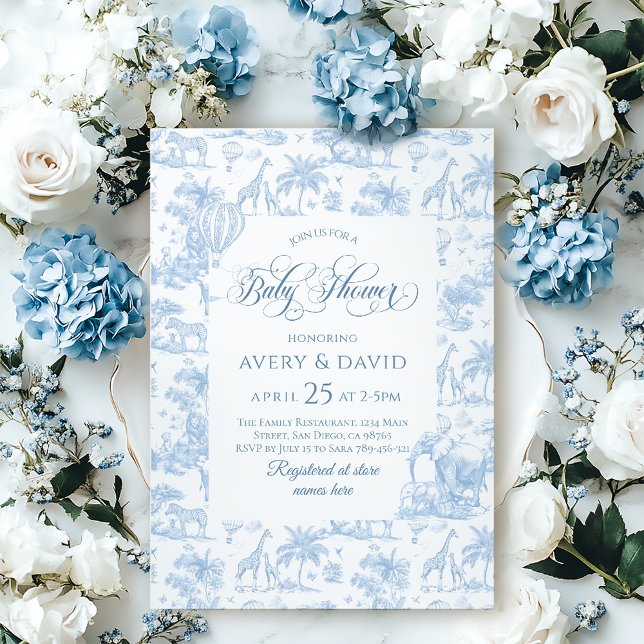 All Blue Toile Safari Animal Baby Boy Shower Invitation (Creator Uploaded)