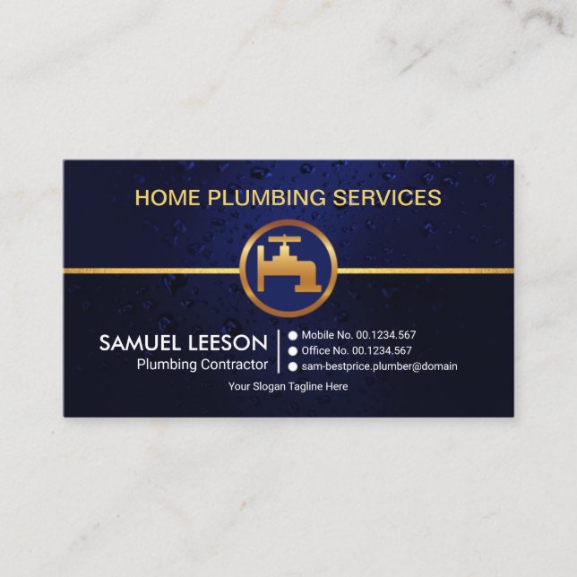 All Blue Water Drop Gold Faucet Plumbing Service Business Card (Front)