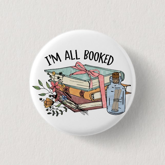 All booked flowers ribbon book message in a bottle 3 cm round badge (Front)