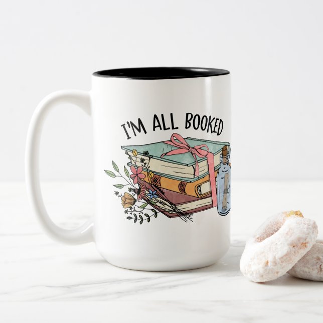 All booked flowers ribbon book message in a bottle Two-Tone coffee mug (With Donut)