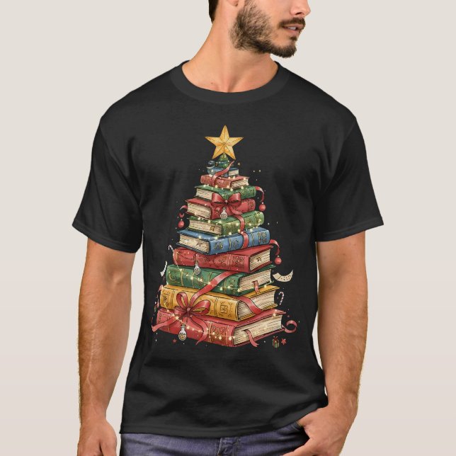 All Booked For Christmas Book Christmas Tree Light T-Shirt (Front)
