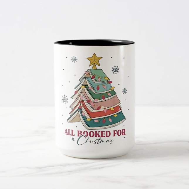 All Booked For Christmas Book Christmas Tree Light Two-Tone Coffee Mug (Center)